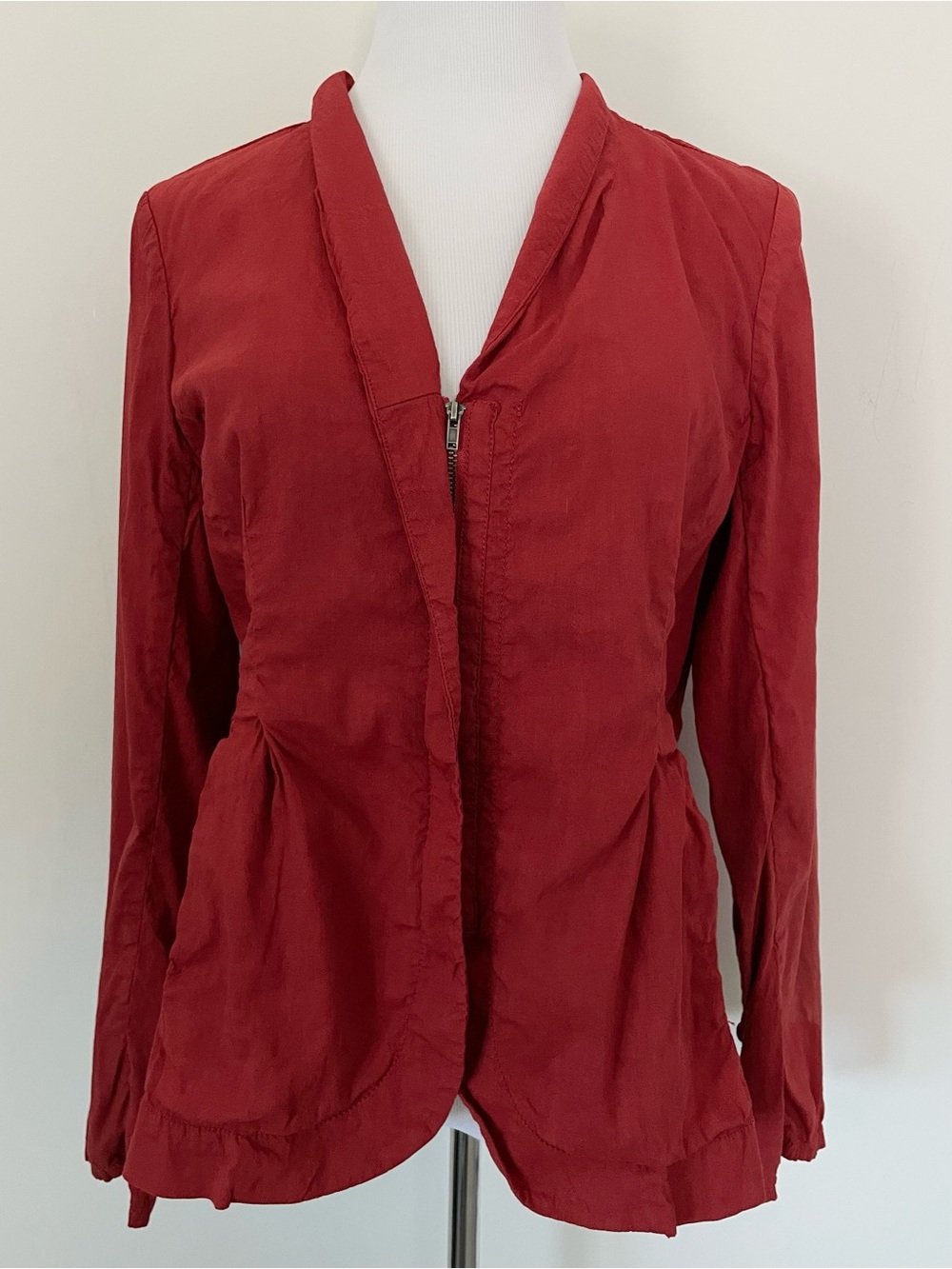 Eileen Fisher Linen Blend Peplum Burgundy Zip Front Women’s Jacket Size M